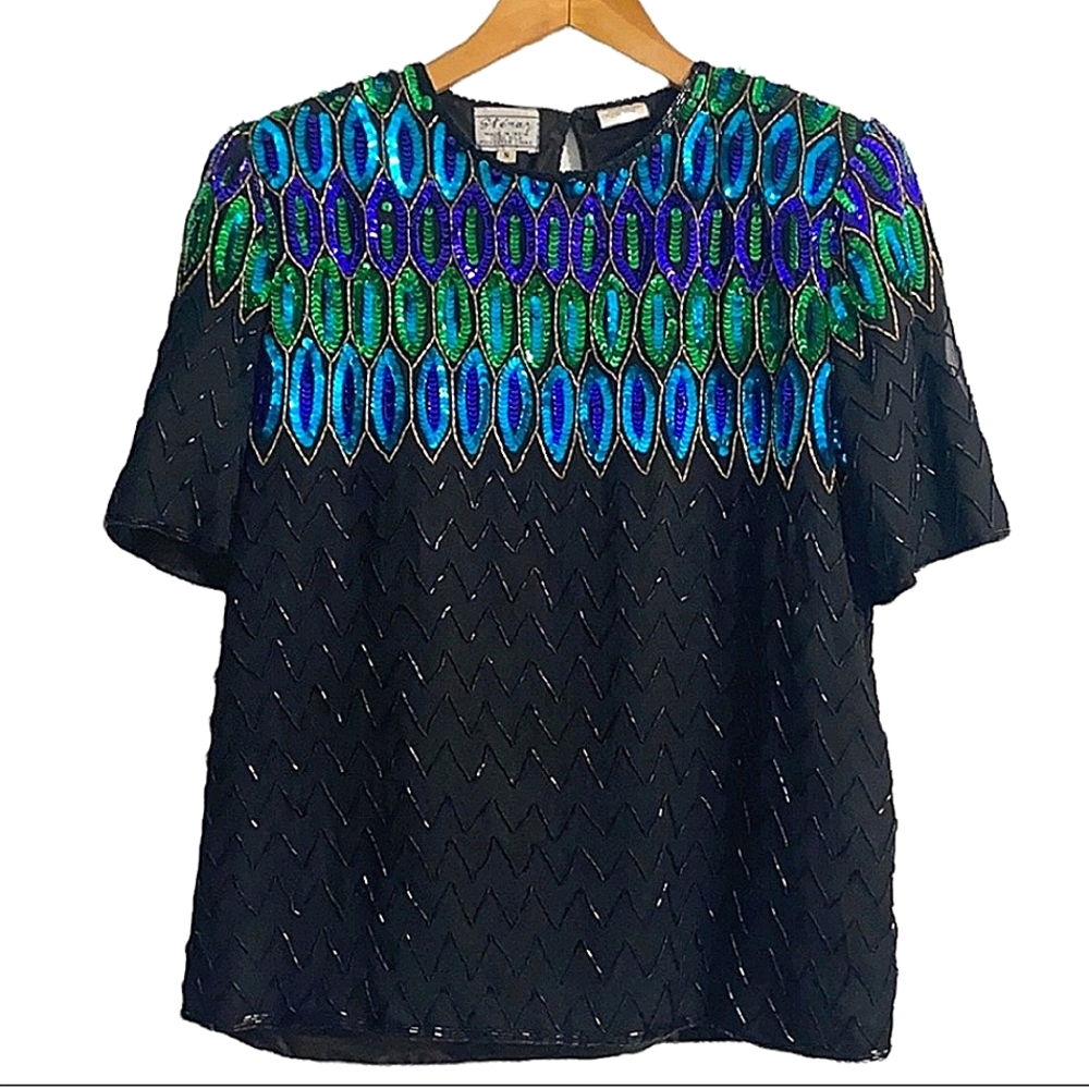 Vintage Peacock Colors Silk Sequins Beaded Short Sleeve Blouse Women Size S